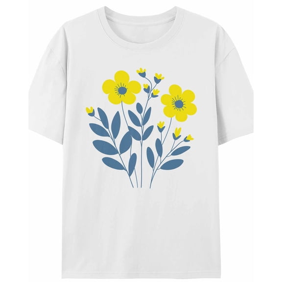 Women's T-Shirt Simple Cartoon Yellow Blue Flowers Short Sleeve Casual Tee Classic Crew Neck T Shirt for Women White, 2XL