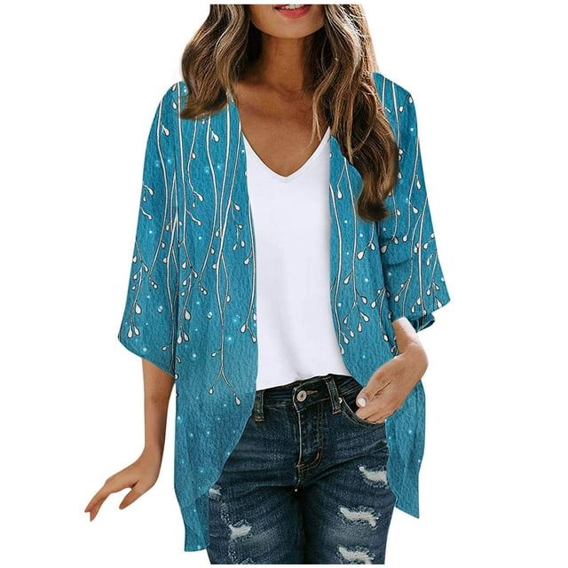 WRKEKC Cardigans pour Femmes, Cardigans pour Femmes Légers, Cardigans pour Dames Vestes Imprimées à la Mode Printemps et Été Vestes Imprimées à Manches 3/4 Cardigans