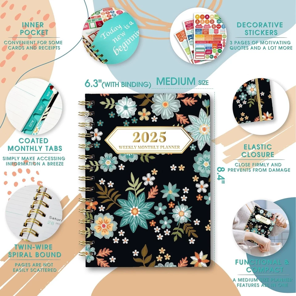 2025 Planner, 12-Month Daily Weekly Monthly Planner Spiral Notebook With Sticker
