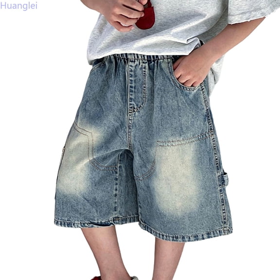 Huanglei Boys Summer Casual Knee Length Shorts Loose Fit Breathable Blend Elastic Waist Activewear For Outdoor Play ,Boys Short Denim Pants /Size 6-7 Years(Blue)