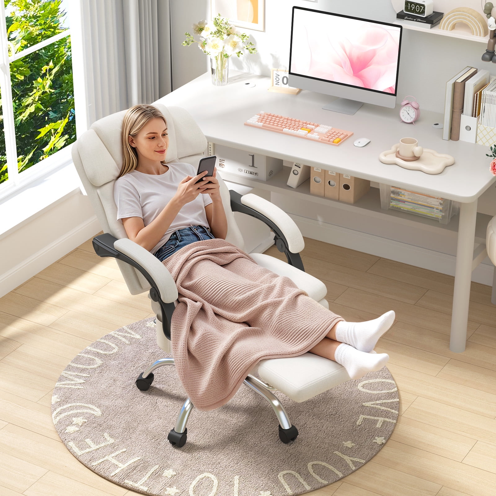 6-Point Massage Office Chair with Heat, Ergonomic Reclining Desk Chair with Footrest, Soft Chenille Fabric Executive Chairs for Home Office, Comfortable Computer Chair Gift for Women, Beige