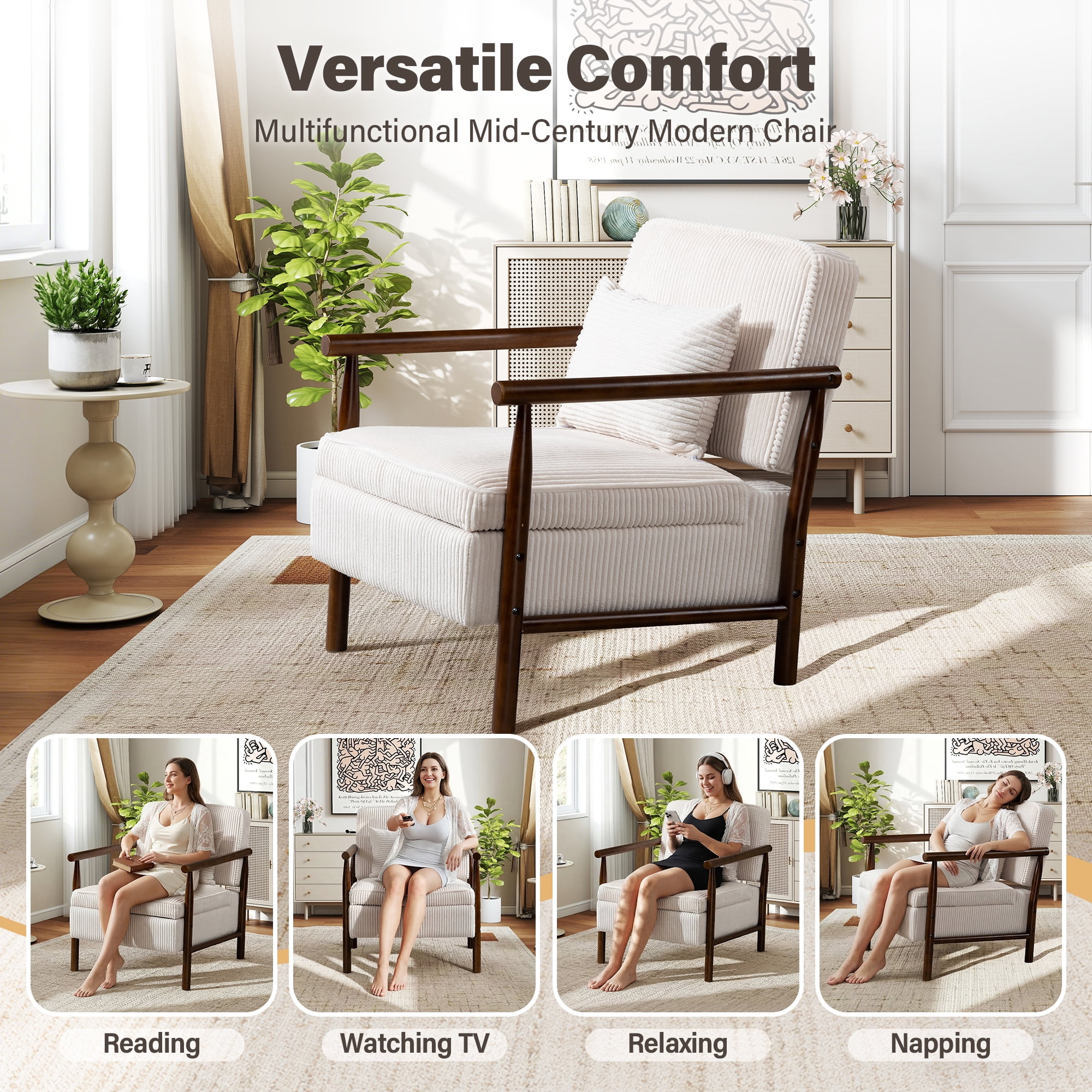 Aukfa Upholstered Accent Chair with Storage Seat & Waist Cushion, High-Density Lounge Armchair for Living Room Bedroom,White