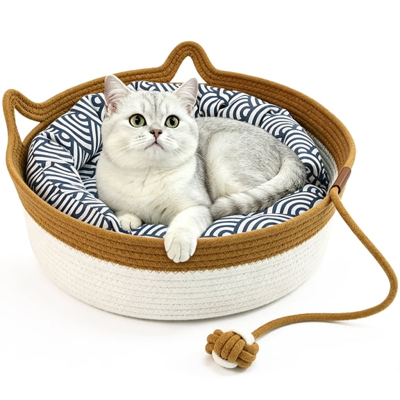 ZALALOVA Instinct Basket for Cats, Stimuli Handwoven Cat Basket Bed with Cat Ear Handles, Cotton Rope Cat Basket Bed Ball Rope, Indoor Use for All Cats