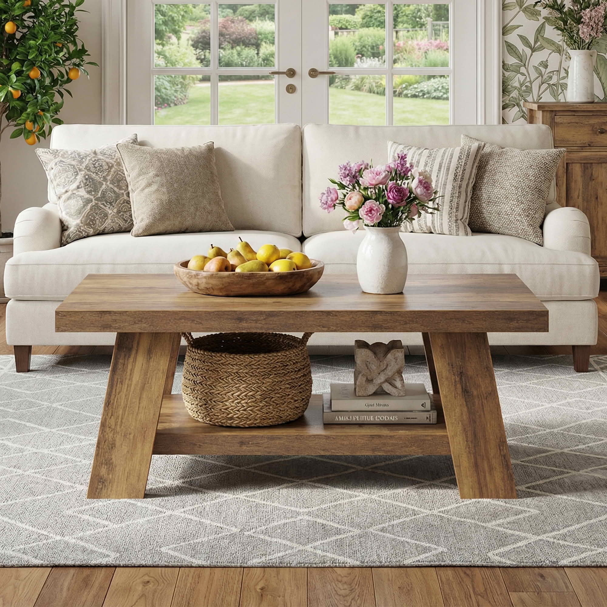 MAYEETY 47 Inch Farmhouse 2-Tier Coffee Table Storage Living Room Table
