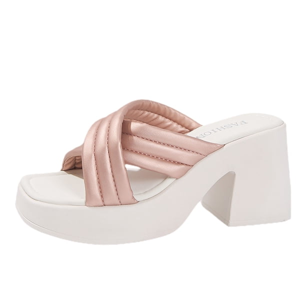 Bmisegm Women's High Heels Casual Slippers Women Wear Thick Soled Solid Color Slip on Shoes Womens Sandals Summer Rose Gold 7