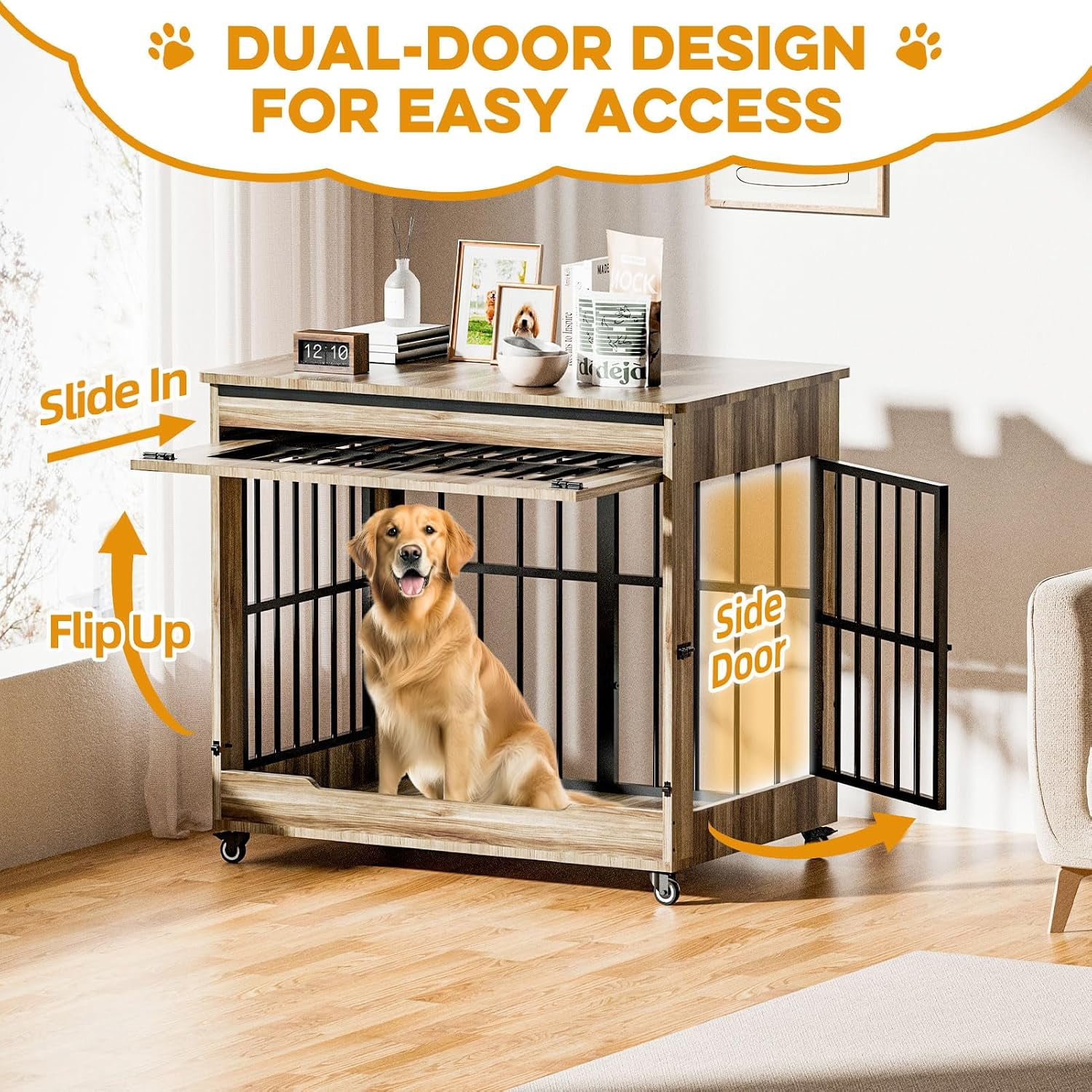 42" Wooden Dog Crate Furniture with Double Door, Lockable Wheels & Blackout Curtain, Decorative Indoor Pet Kennel End Table for Large Breed Dogs, Greige