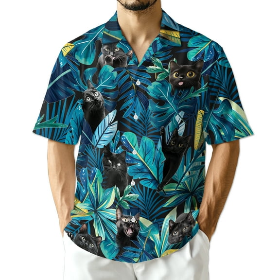 Black Cat Hawaiian Shirt for Men, Tropical Style, Button Down Summer Beach Short Sleeve, Sizes S-5XL