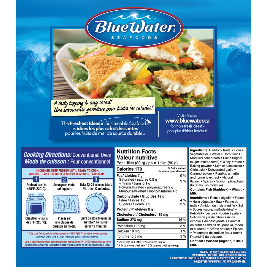 BlueWater Seafoods Crunchy Breaded Haddock, Wild Caught Haddock, Frozen, 7 Count, 525 g, Crunchy breaded haddock fillets