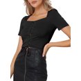 thumbnail image 4 of INSPIRE CHIC Top de encaje con cordones para mujer, cuello cuadrado, manga corta, casual de verano, crop top negro XS, 4 of 6