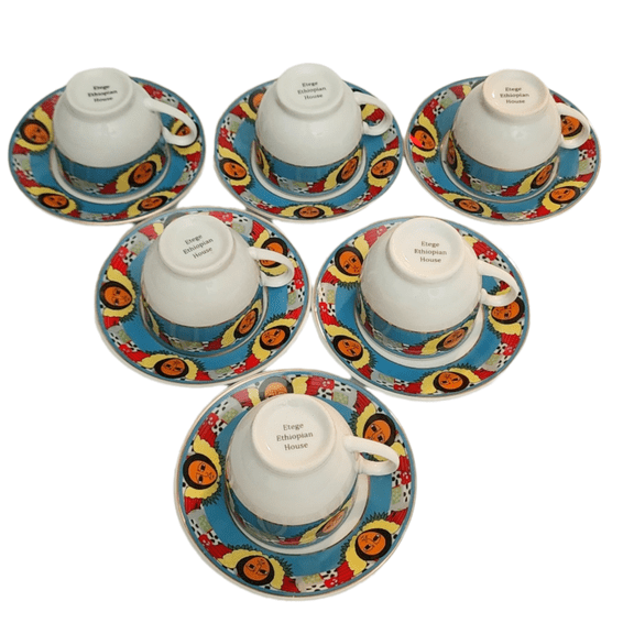 Etege Ethiopia- 12 Pcs Angels Pattern Ethiopian & Eritrean Traditional Coffee Cups set of 6 cups 3oz and 6 saucers.