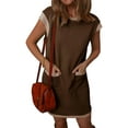 thumbnail image 2 of Women'S Casual Summer Dresses Fashion Cap Sleeve Color Block Crewneck Shift Tshirt Mini Dress Brown S, 2 of 8