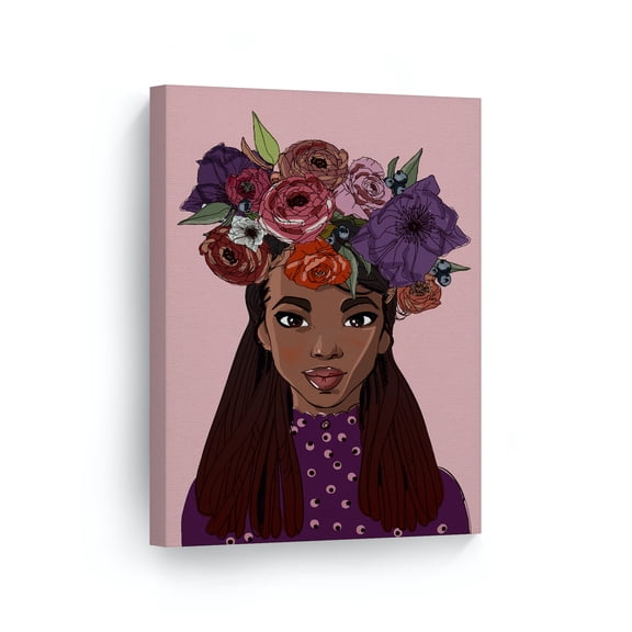 Smile Art Design African American Girl Illustrator Pink Background CANVAS PRINT Purple Flower Crown Afro Kids Room Nursery Wall Art Black Kid Baby Art - 40x30