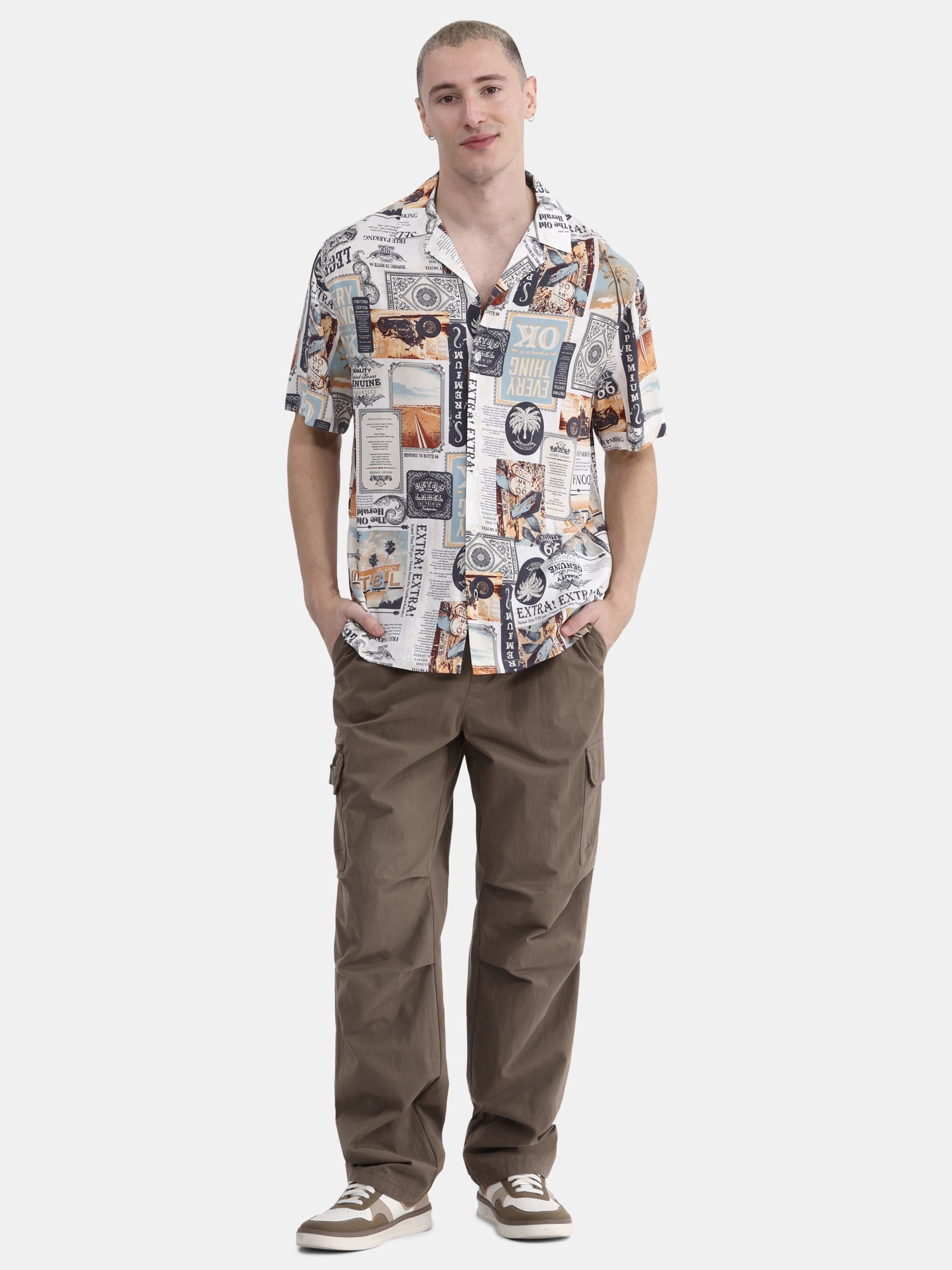 No Boundaries Men's & Big Men's Rayon Print Button Up Shirt with Short Sleeves, Sizes XS-5XL