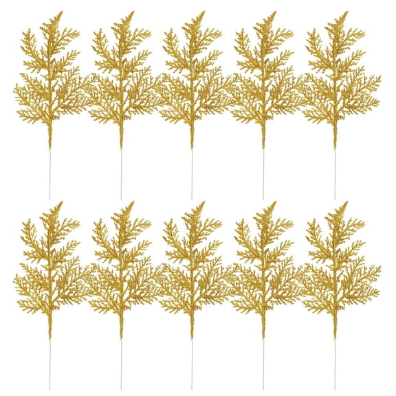 Deago 10 PCS Christmas Glitter Artificial Pine Needles-10.6" Fake Foliage Pine Stems Picks for DIY Garland Wreath Xmas Tree Home Garden Decoration (Gold)