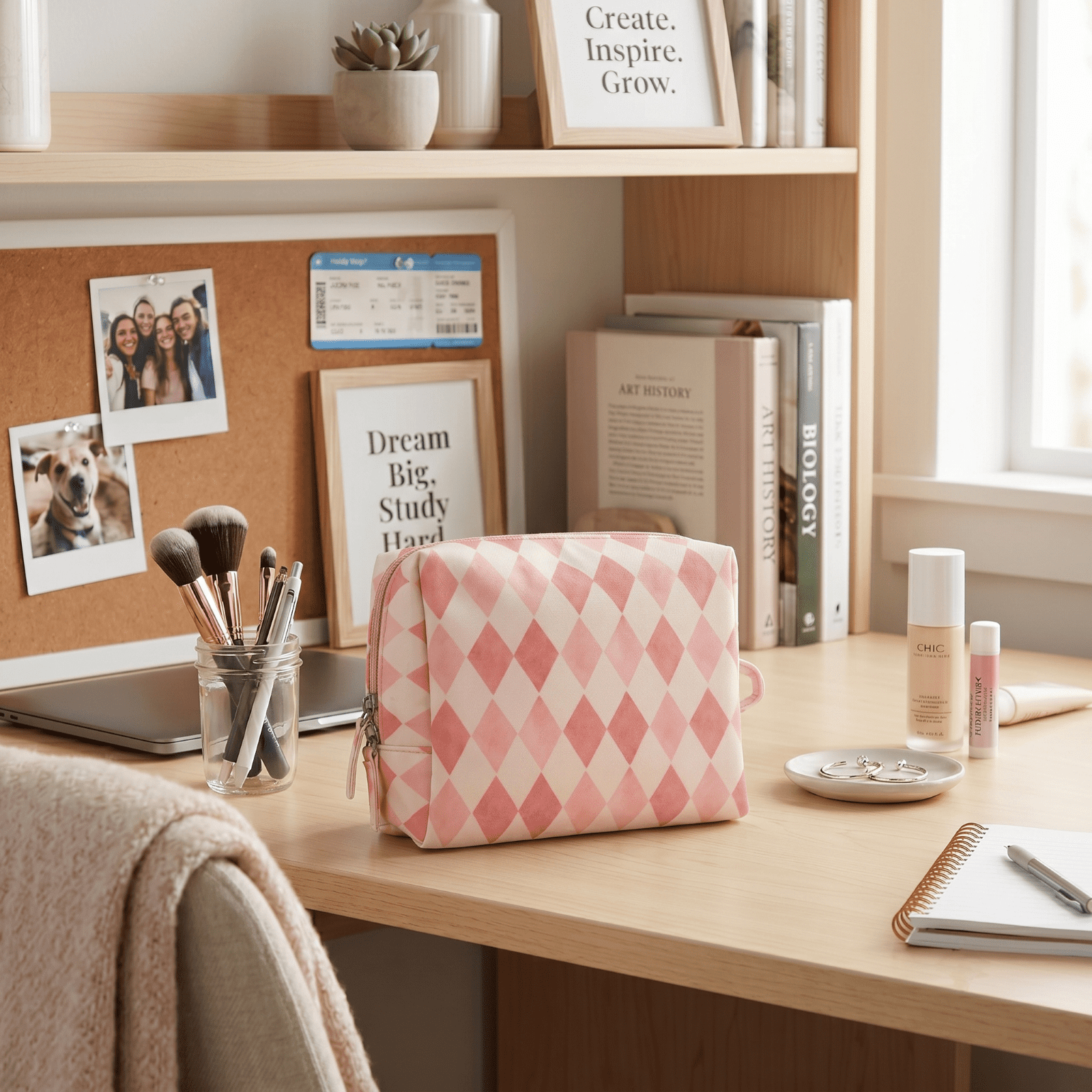 packlab Travel Makeup & Toiletry Cosmetic Bag, Pink Harlequin Organizer Pouch