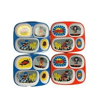 Melamine Superhero Girl and Boy Children's 4 Sectioned Rectangle Divided Plate Set - Set of 4