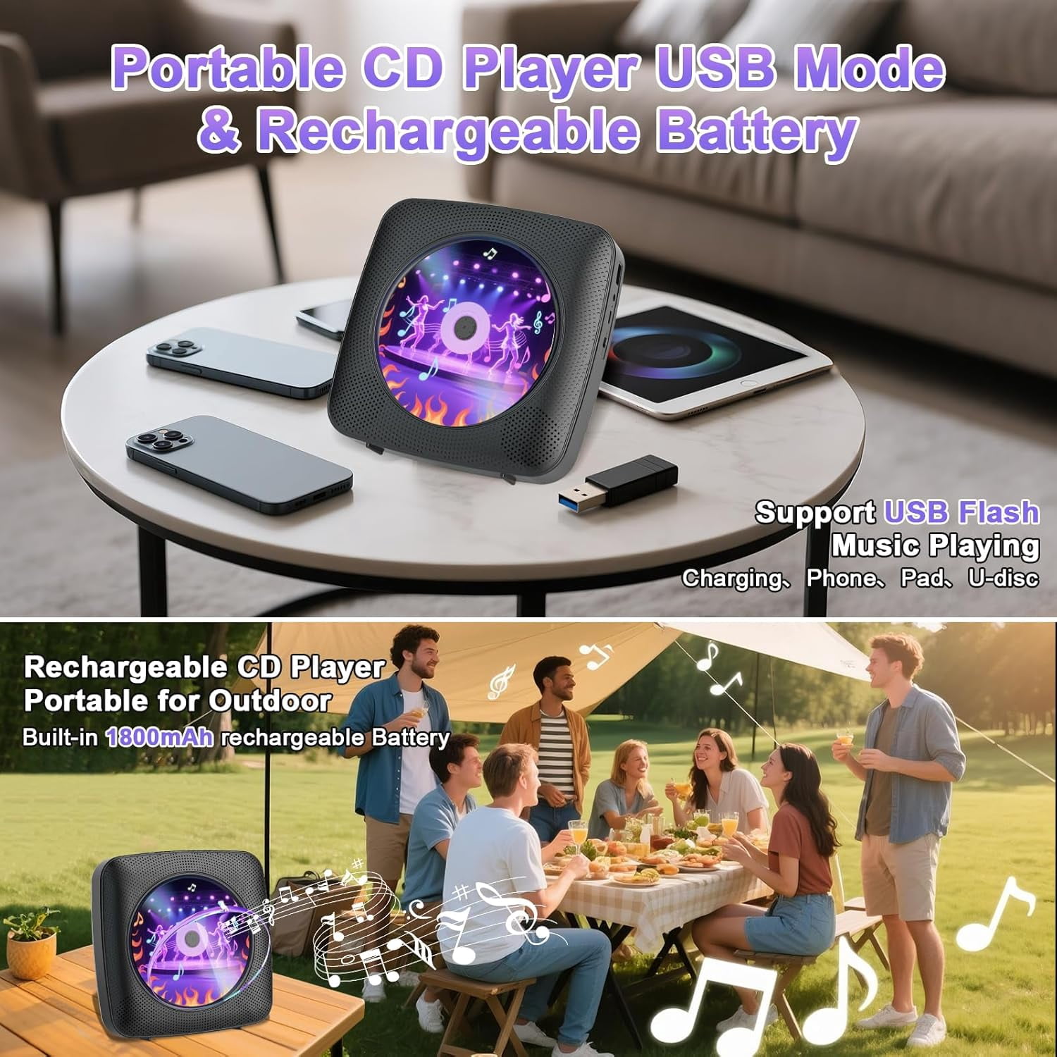 Gueray Portable CD Player Bluetooth: CD Players for Home Rechargeable Desktop Wall Portable CD Player with Bluetooth & Dual Speakers Music Player