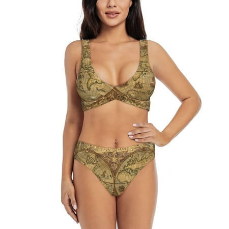 Zeuib World Map1 High Waisted Tummy Control Bikini Set - Knot Front Push Up Top & Cheeky Thong Bottom  Two-Piece Swimsuit for Women-X-Large