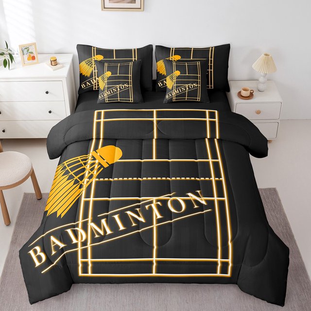 YST Sports Theme 7-Piece Comforter Set, Queen, Badminton, Orange Black