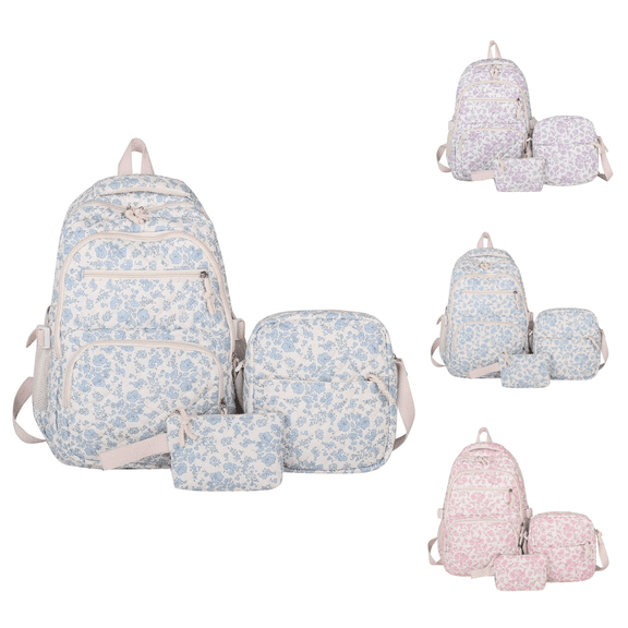 Blue Quilted Floral Backpack Set School Backpack for Elementary Middle High School Fashion Student Bag Cute Aesthetic Teen Bookbag for Teens Women