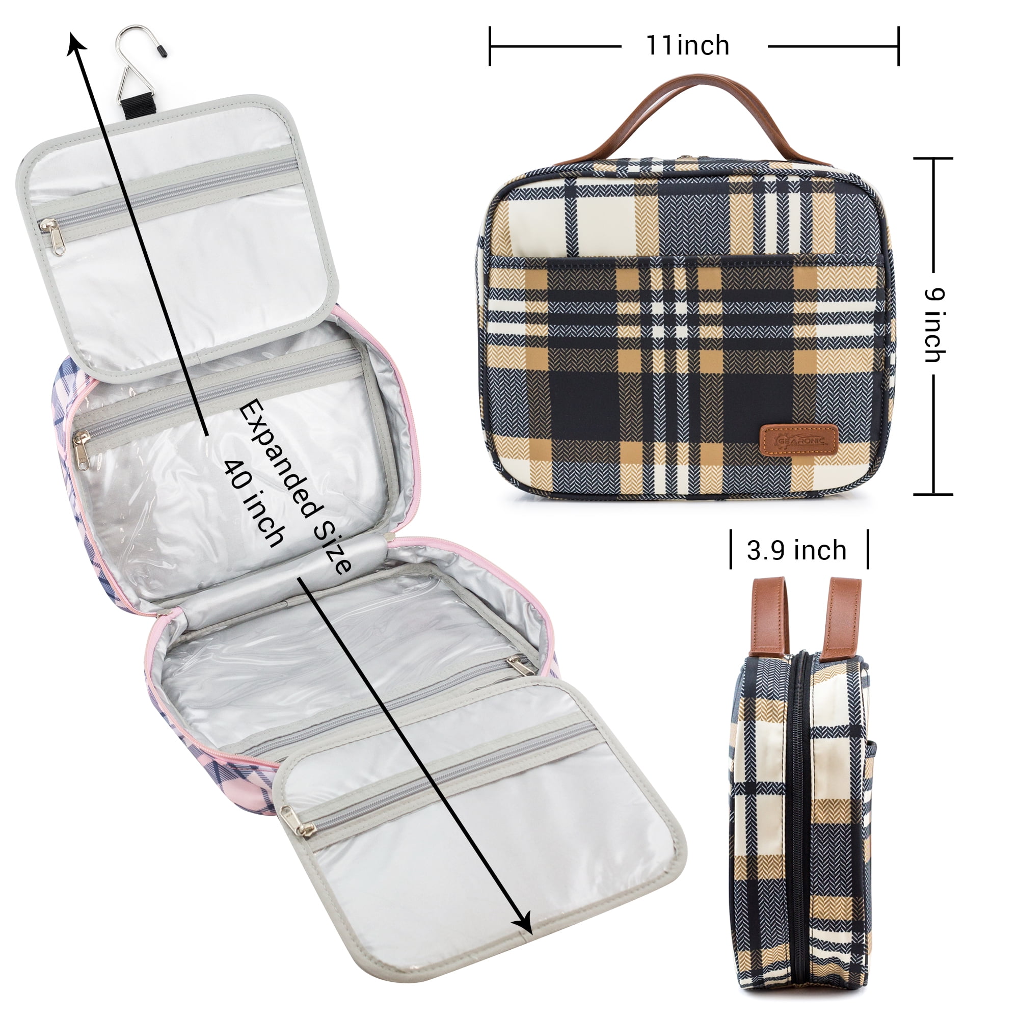 Large Toiletry Bag Travel Organizer with Hanging Hook, Water-resistant Makeup Cosmetic Bag Travel Case for Accessories, Shampoo, Toiletries, Personal Hygiene Items- Coffee Plaid
