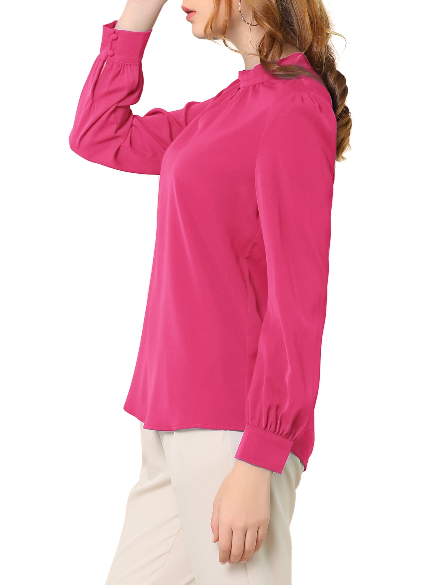 DARING DIVA Women's Stand Collar Long Sleeve Office Blouse M Rose Red
