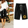 thumbnail image 3 of Jean Shorts Ladies Stretchy 2 Pack Loose Fitting Cotton Linen Shorts with Pockets, Beach Vacation Bermuda Shorts, Womens Drawstring High Waisted Knee Length Pants Black M, 3 of 6