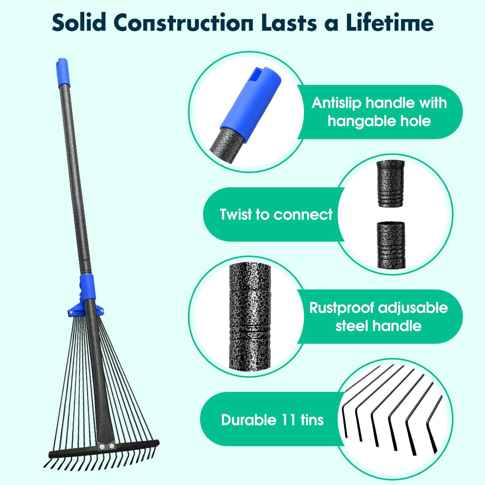 Garden Leaf Rake, head extends from 9.5''-17'', collapsible lawn rake with 58-inch adjustable splice handle, heavy-duty metal rake for lawns, flower beds