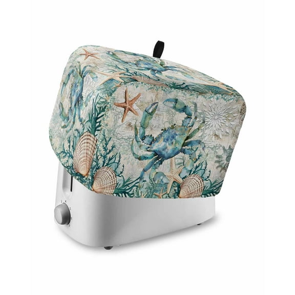 Fsddascl Coastal Crab Toaster Cover 4 Slice, Large Kitchen Appliance Covers, Ocean Coral Starfish Nautical Map Toaster Oven Cover with Loop, Bread Machine Cover Polyester Dust Cover Protection