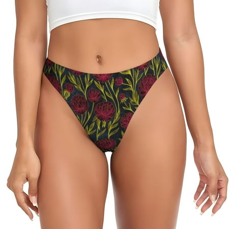 Qokaie Burgundy Peony Flowers Printed Women s Cotton Thong Underwear  Sexy Breathable Panties G-string-Large