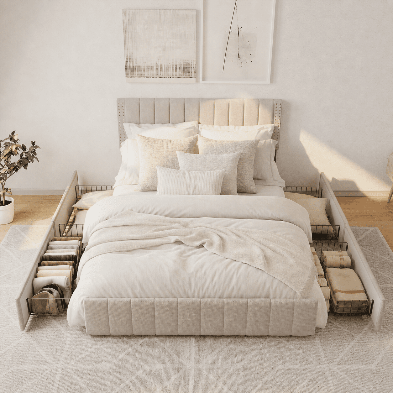 2 Piece Bedroom Set, Upholstered Bed Frame with 4 Storage Drawers & Adjustable Headboard, Noise-Free Slats, No Box Spring, + Plus LED Nightstand with USB/Type-C Charging & RGB Lights, Beige