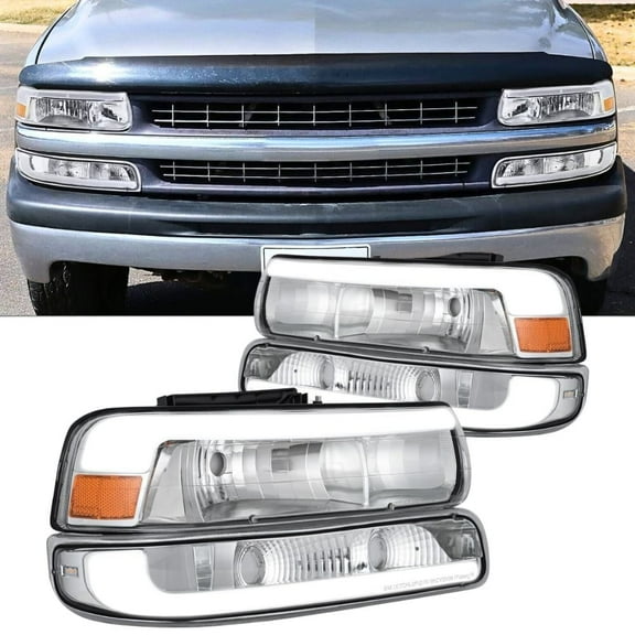 Nilight LED DRL Headlight Assembly for 1999 2000 2001 2002 Chevy Silverado 1500 1500HD 2500 2500HD 3500 Chevrolet Tahoe Suburban Replacement Headlamp Clean Lens Chrome Housing Amber Bumper Lights Set