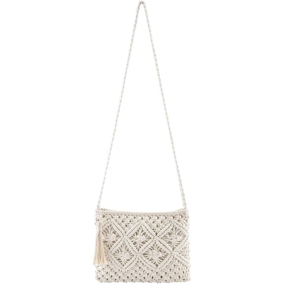 PIKADINGNIS Women's Handwoven Crossbody Handbag Summer Beach Shoulder Handbag Cotton Crochet Woven Handmade Purse Bag Tassel