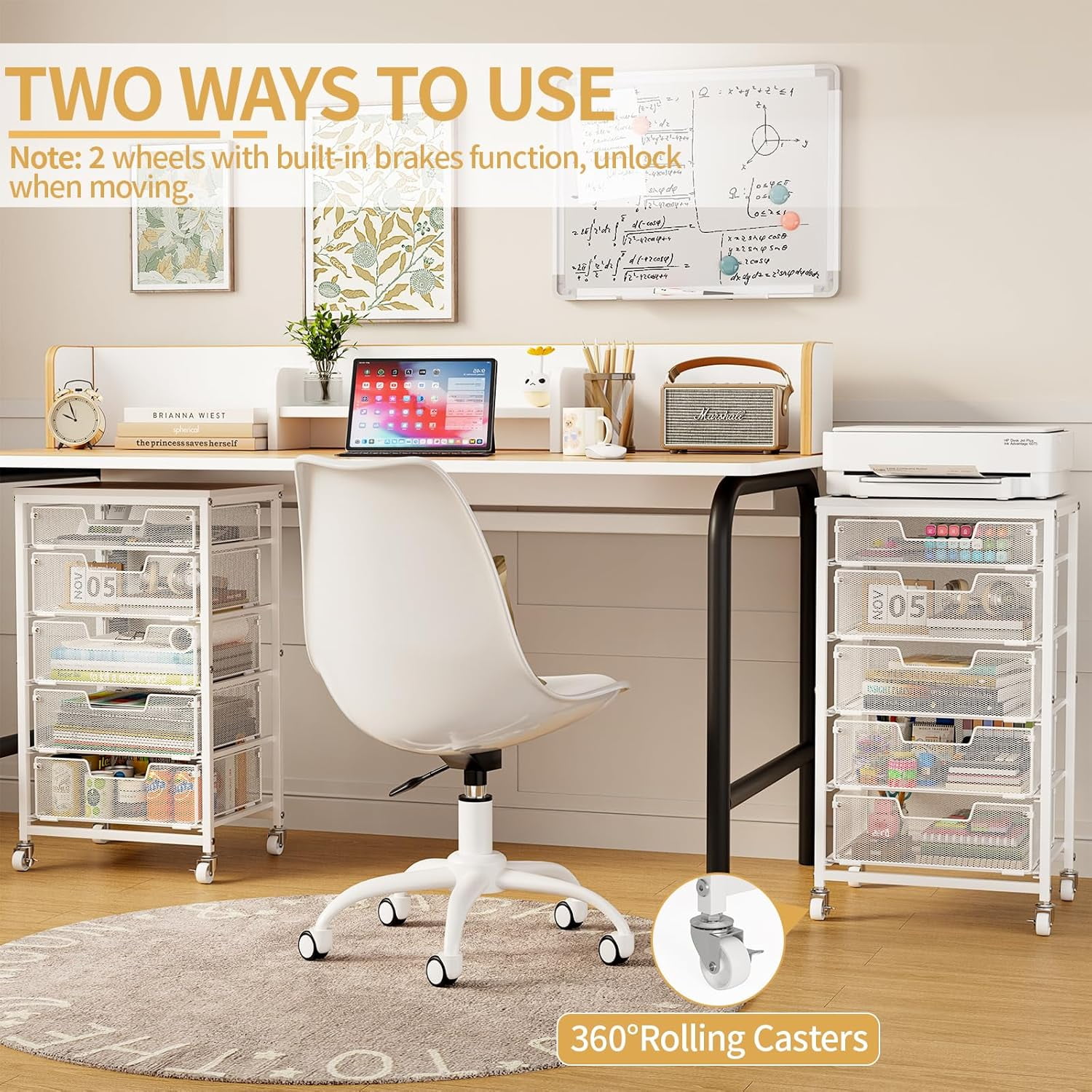 X-COSRACK 5-Drawer Rolling Storage Cart with Wooden Tabletop, Metal Mesh Utility Craft Organizer with Lockable Wheels for Office, Classroom, Bedroom & Salon, White