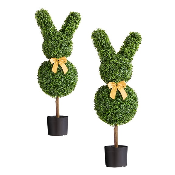 KFFKFF Artificial Bunny-Shaped Topiary Boxwood Balls, Set of 2 - 36-Inch Faux Greenery for Indoor and Outdoor Decoration, Easy to Assemble for Porch, Patio, Garden, Balcony, or Backyard
