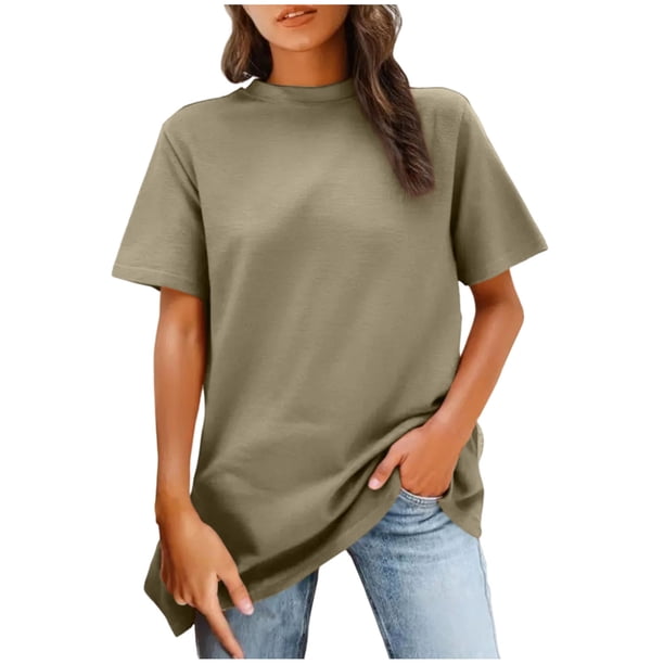 Tops de Manga Corta de las Mujeres, Moda Color Sólido, Cuello Redondo Línea Trasera Diseño Blusa