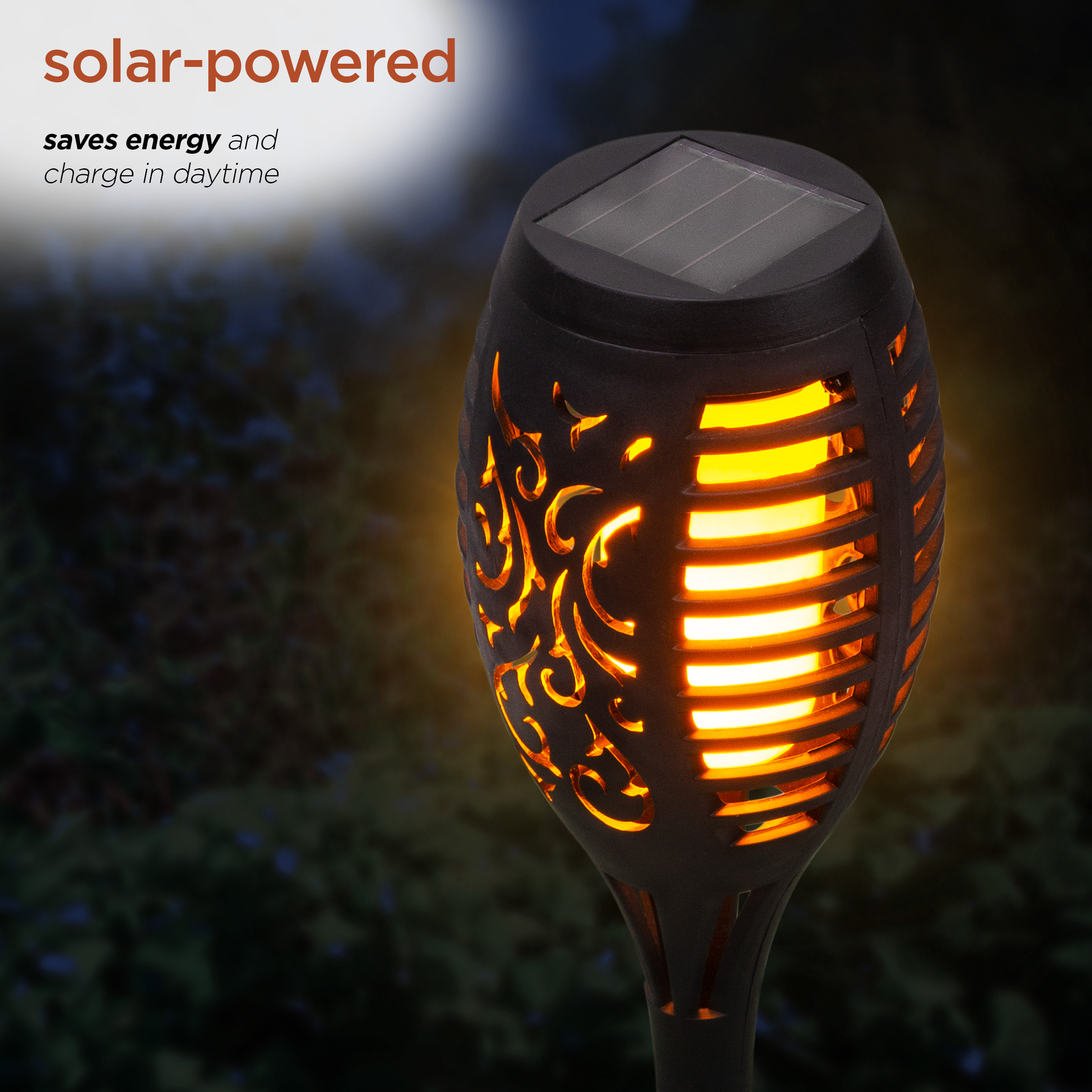 Alpine Corporation 20" Outdoor Solar Torch Flame LED Light Pathway Stake, Black (Set of 6)