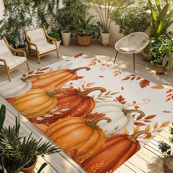 Outdoor Rug, Thanksgiving Pumpkin on Retro Linen Indoor Area Rug Outdoor Carpet RV Camping Rugs 5x8ft Fall Eucalyptus Leaves Outside Mat for Patio Picnic Porch Deck Balcony Backyard