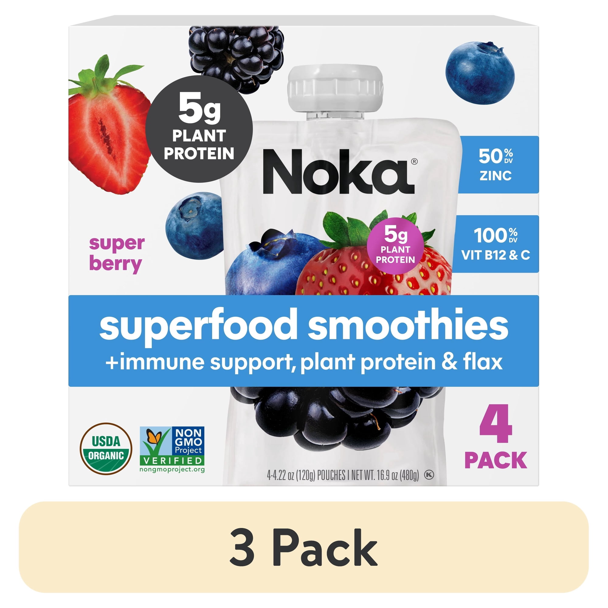 (3 pack) Noka Organic Superfood Smoothie Pouches, Plant Protein, Super Berry, 4.22oz, 4 Pack