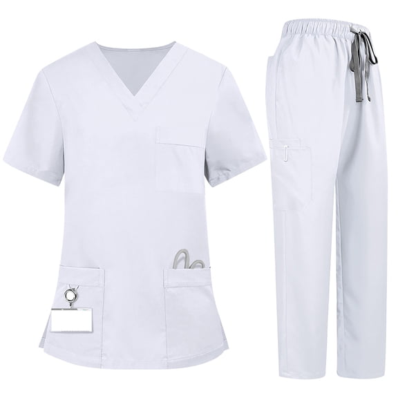 CIENVNSTG Solid Color 2 Piece Scrub Sets for Women Multi Pocket Layout Cuffed Jogger Pant Matching V Neck 3/4 Sleeve Top Stretch Daily Workplace Wear White S