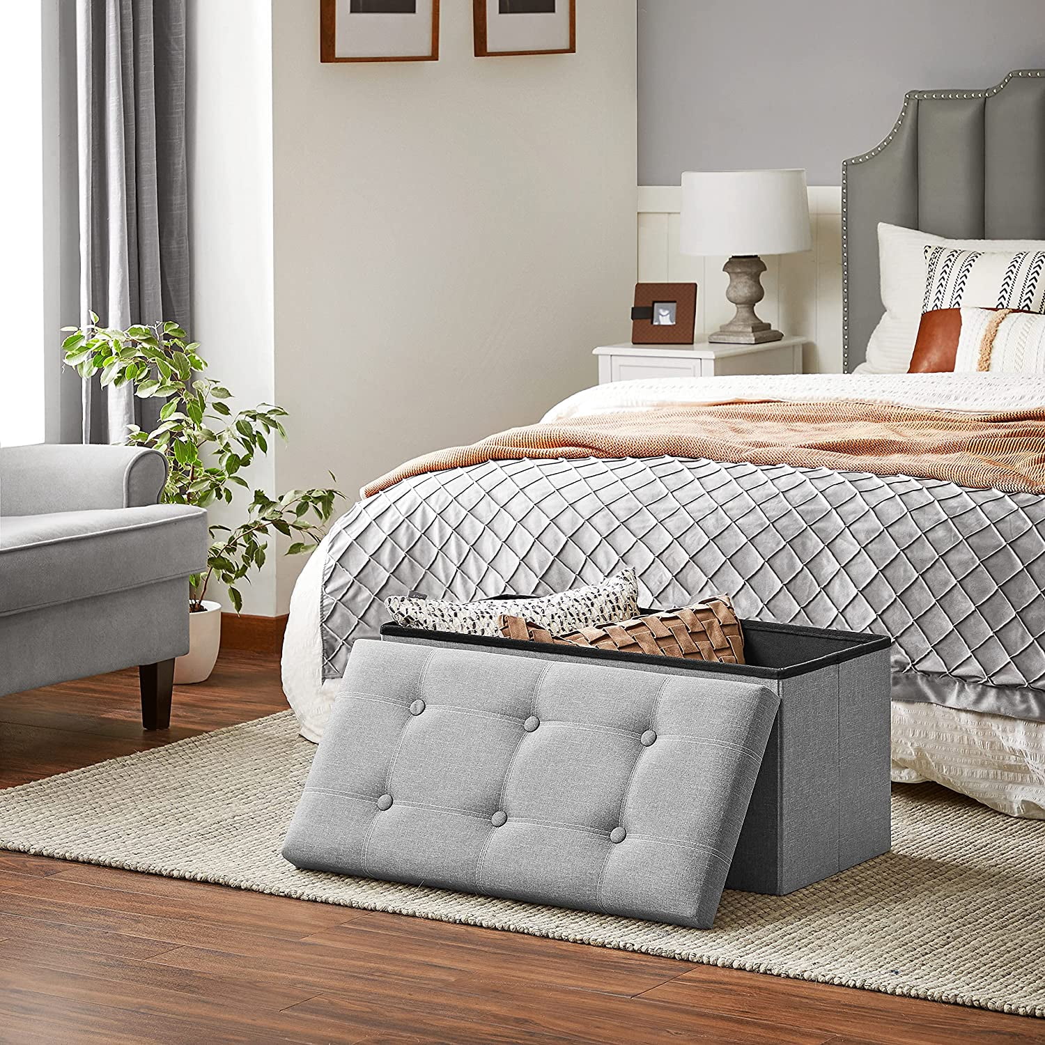 SONGMICS 30" Storage Ottoman Holds 660 lb Ottoman with Storage Folding Storage Bench Footstool for Entryway Living Room Light Gray