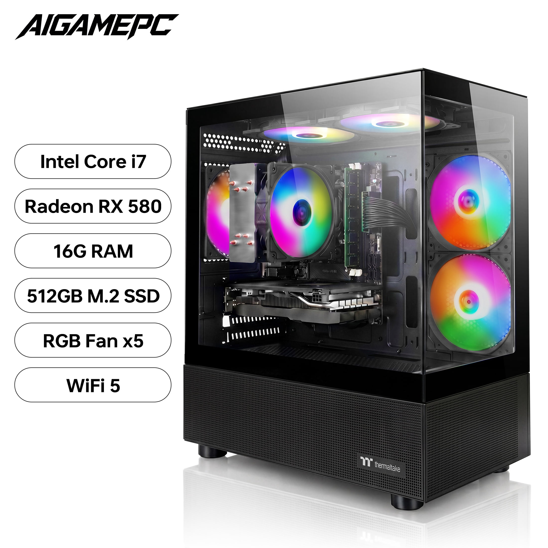 AIGAMEPC Gaming PC Desktop Computer, Intel Core i7 up to 4.0GHz, Radeon RX 580 8G, 16G RAM, 512GB M.2 SSD, BX3 550W 80PLUS Bronze PSU, WiFi 5, RGB Fan x5, Windows 11 Home, Black PC