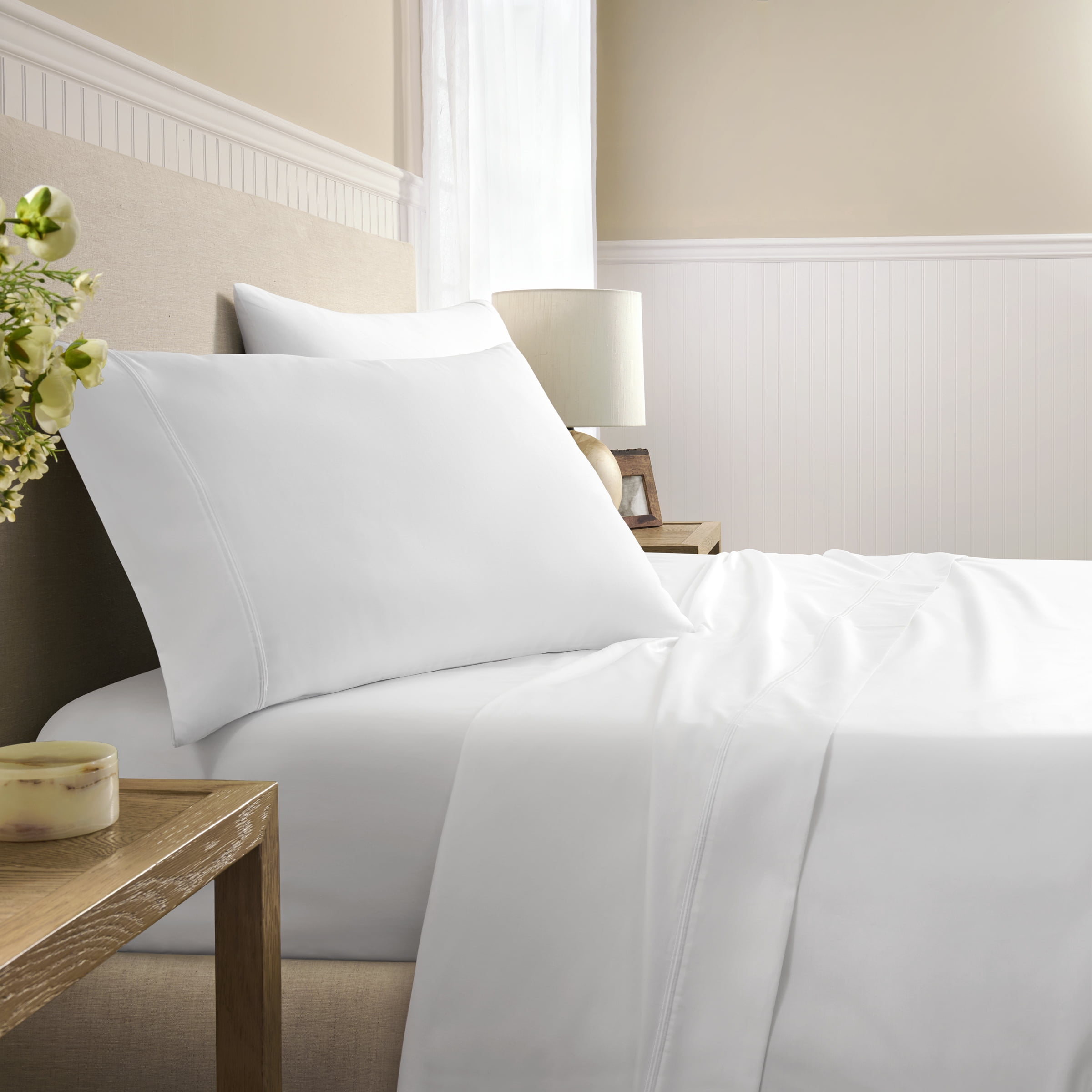 Wamsutta 1846 4-Piece 650 Thread Count Bright White Egyptian Giza Cotton Sateen Bed Sheets, King-Deep Pocket