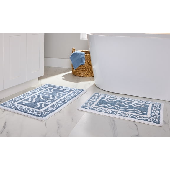 Better Homes & Gardens Dagali Oushak Bath 2 Piece Bath Rug Set, Blue Silver & Arctic White, 17" x 24" & 20" x 30"
