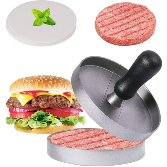 EIMELI Aluminum Non-Stick Hamburger Press with Wood Handle (Silver)