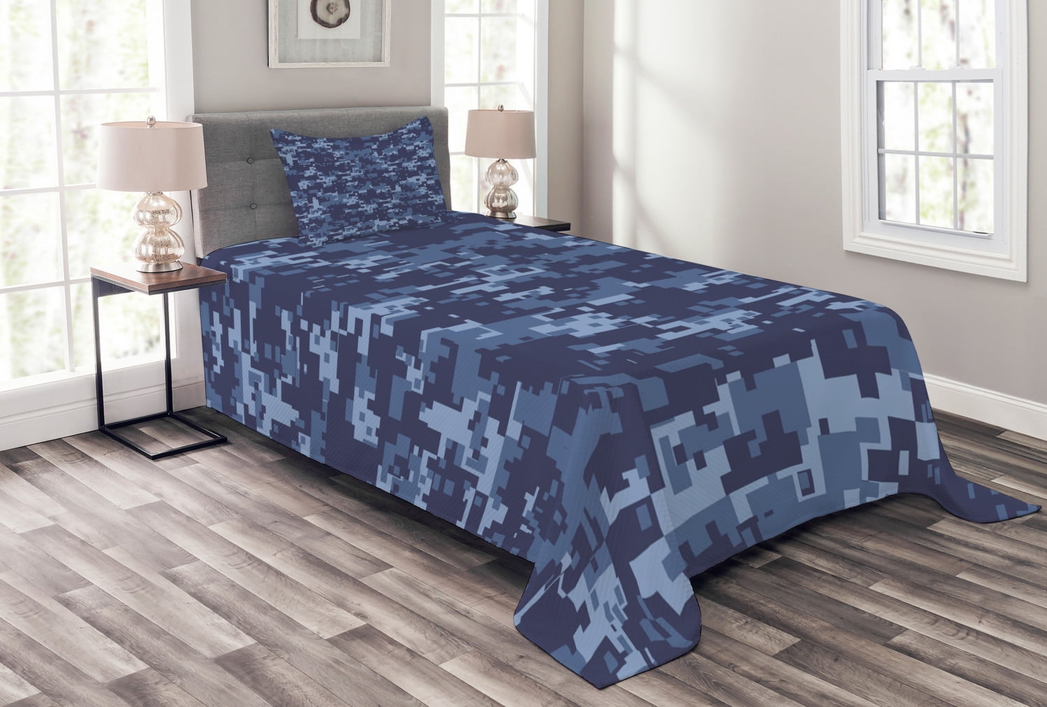 Camo Bedspread Set Twin Size, Militaristic Digital Effected Armed Forces Pattern Grunge Fashion