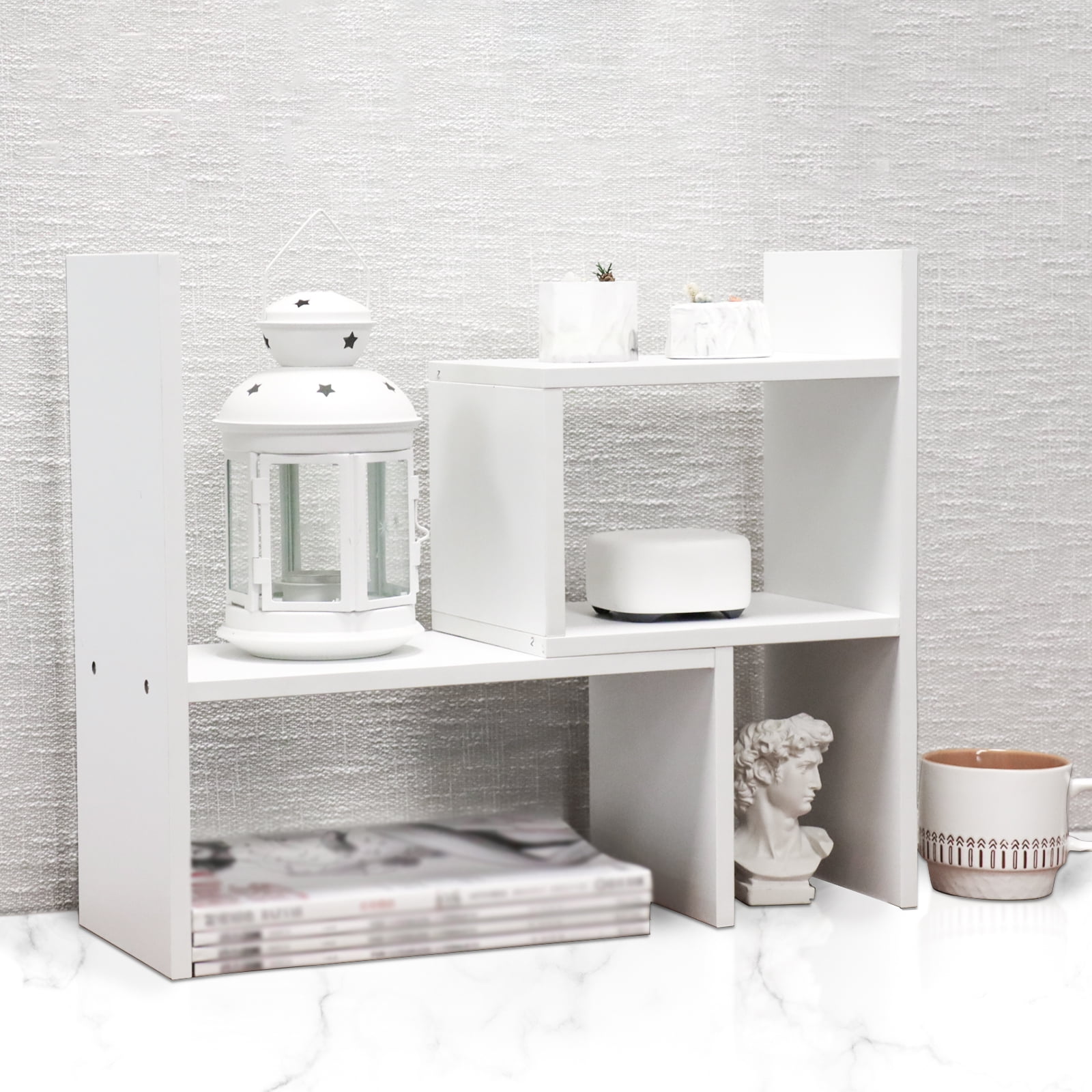 Adjustable Wood Desktop Shelf Organizer Office Storage Rack for Home 13 x 6.8 x 15 inches White
