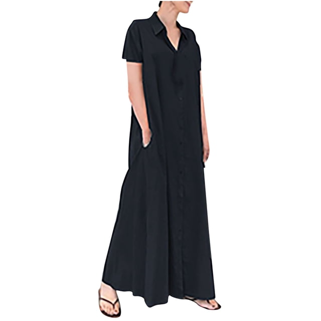 Maxi Robes pour Femmes Col à Revers Bouton Manches Courtes Robes d'Été Imprimées Décontractées Longues avec Poches