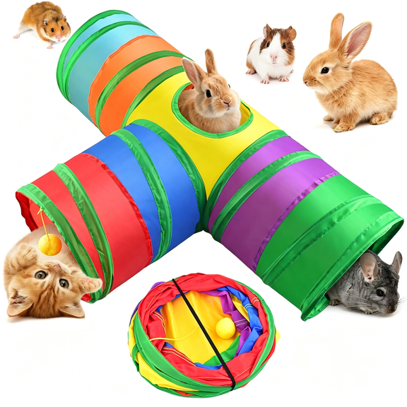 BESTSKY Rabbit Tunnel,9.8 ’ ’ Collapsible Bunny Tunnel and Tube 3 Ways Pet Hideout with 1 Play Ball for Indoor Kittens Dwarf Rabbit Bunny Guinea Pig Ch"Illa Small Animal Activity Fun Toy (Rainbow)