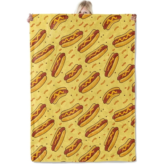 Delicious Hot Dog Pattern Throw Blankets 50x60 Inch Inches, Ultra Soft Cozy Warm Fuzzy Gifts for Kids Boys Girls, Playful Fast Food Theme Polyester Blanket for Travel Camping Car Living Room Decor